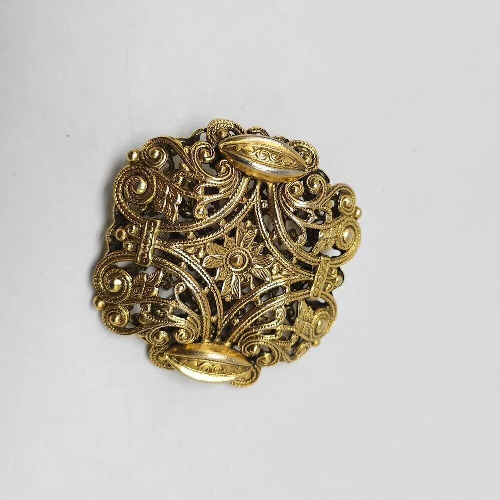 Vintage Freirich Gold Filigree Brooch Pin Victorian Style